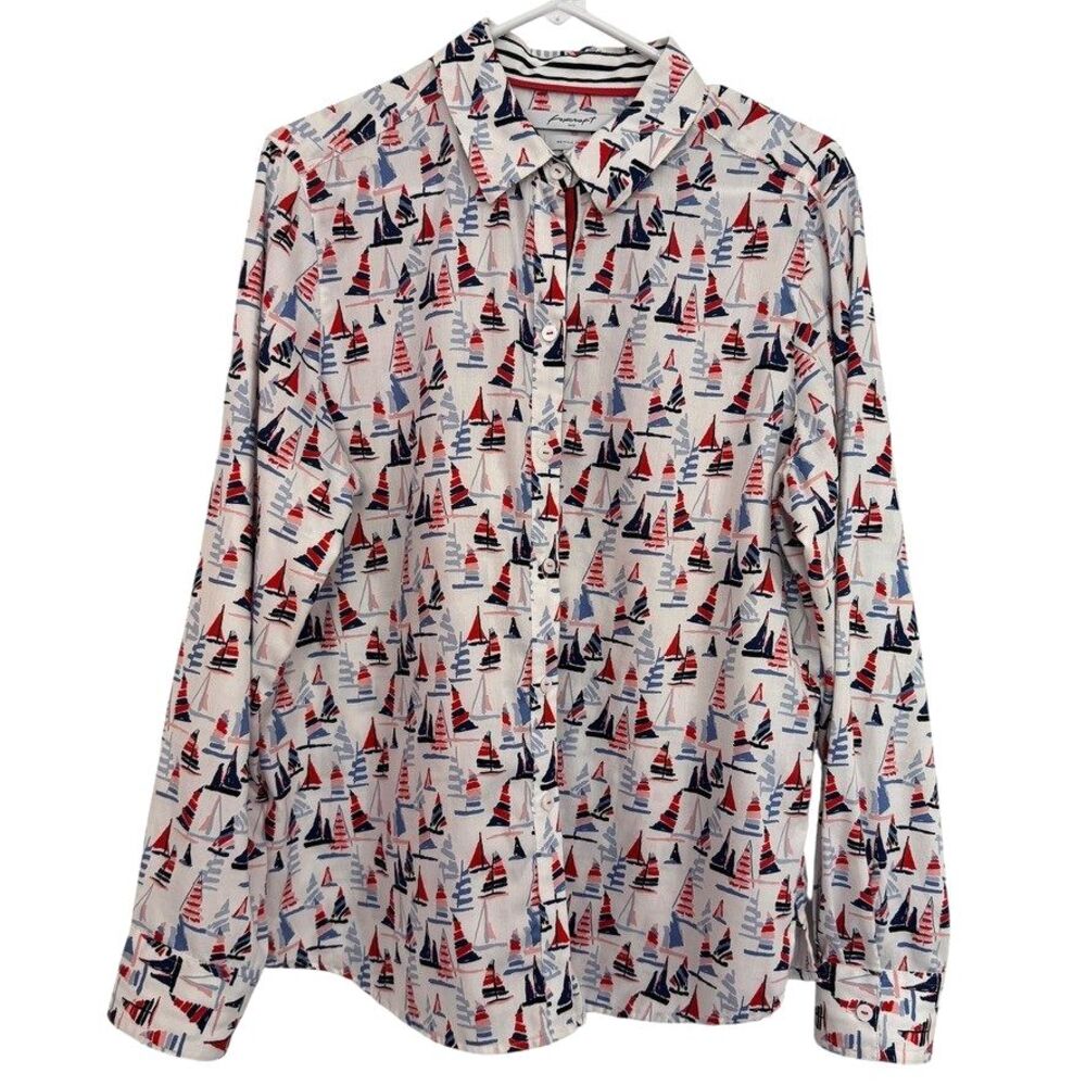 Foxcroft Button Up Shirt Sz 14 Sailboat Print Nautical Boat 100% Cotton Designer